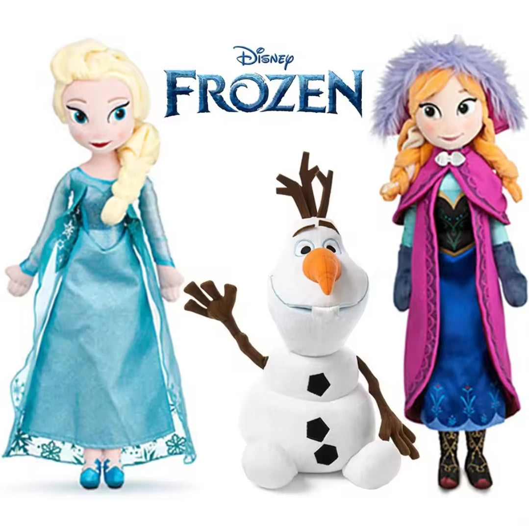 Disney Frozen Anna and Elsa plush dolls featuring soft fabric, detailed costumes, and friendly expressions, suitable for children aged 3 and up.