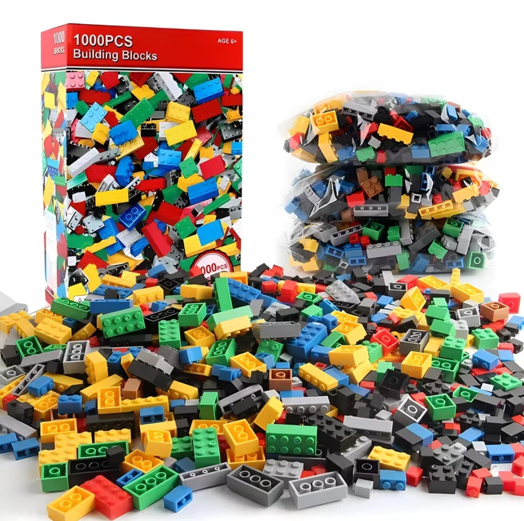 1000-piece building blocks set featuring a variety of colors and shapes, compatible with major brands, suitable for children aged 4 and up.