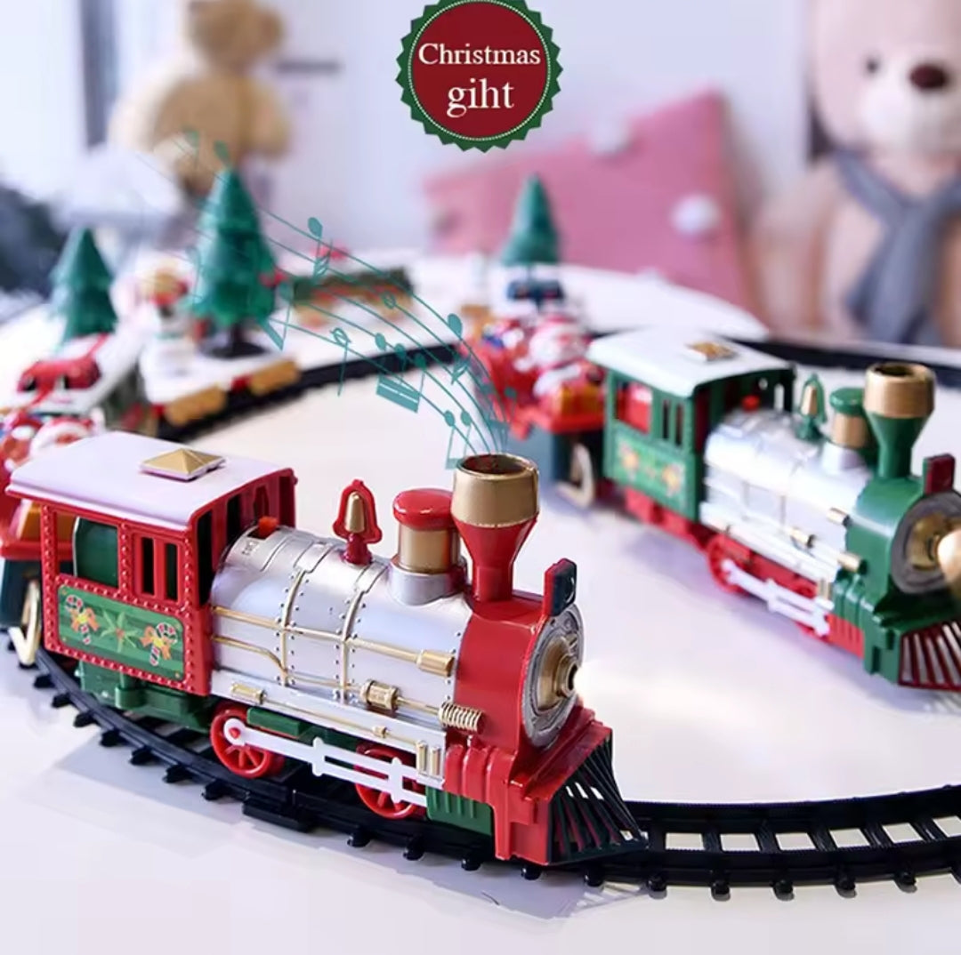 Festive Christmas train set featuring a classic locomotive and carriages adorned with holiday decorations, equipped with colorful lights and cheerful sounds, perfect for children aged 3 and up
