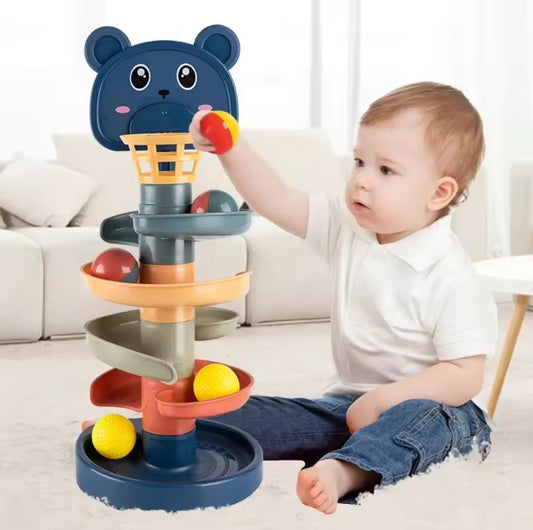 Colorful baby rolling ball toy with soft, textured surface and easy-to-grasp openings, designed to stimulate sensory development and motor skills in infants aged 6 months and up.