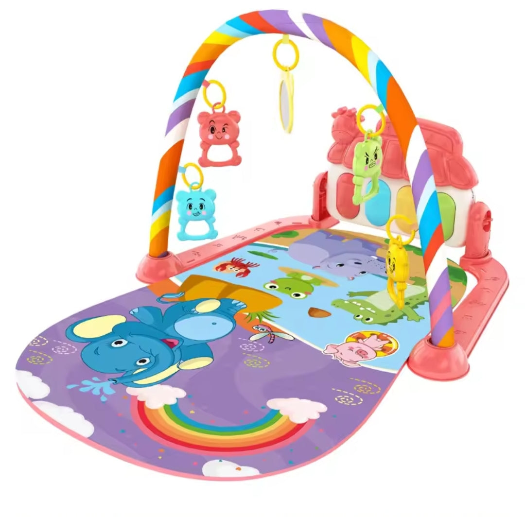 Colorful baby musical carpet featuring interactive piano keys, animal sounds, and flashing lights, designed to stimulate sensory development and motor skills in infants aged 6 months and up