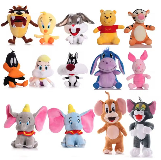 Plush dolls featuring popular Looney Tunes characters including Bugs Bunny, Daffy Duck, and Tweety Bird, soft and colorful for kids