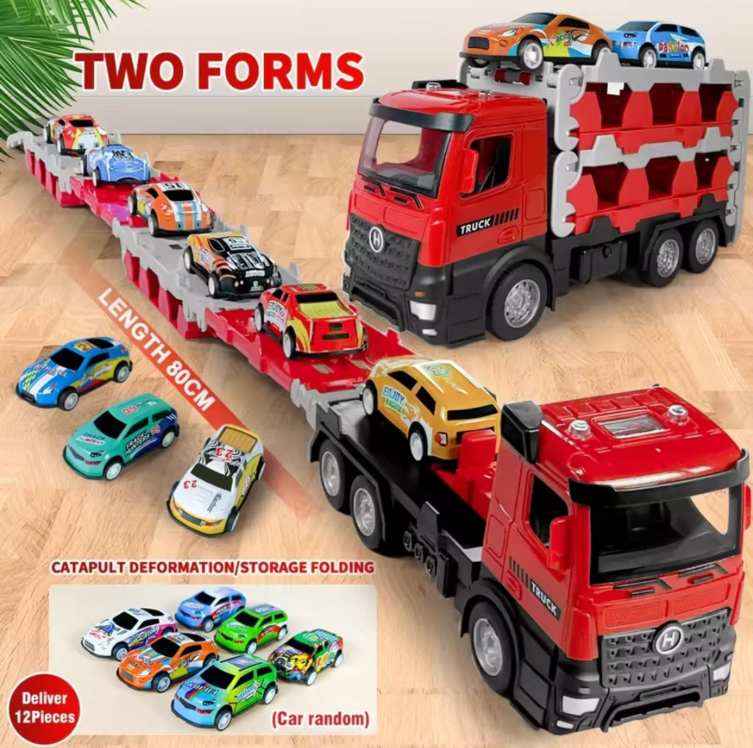 Transporter truck toy with folding ramp – includes mini racing cars for kids' vehicle play set