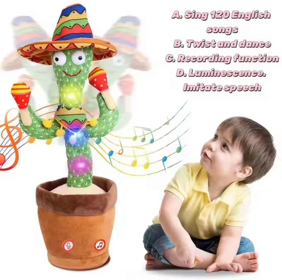 Interactive Dancing Cactus Toy with LED lights, singing and dancing to music; features voice mimicry and recording capabilities.