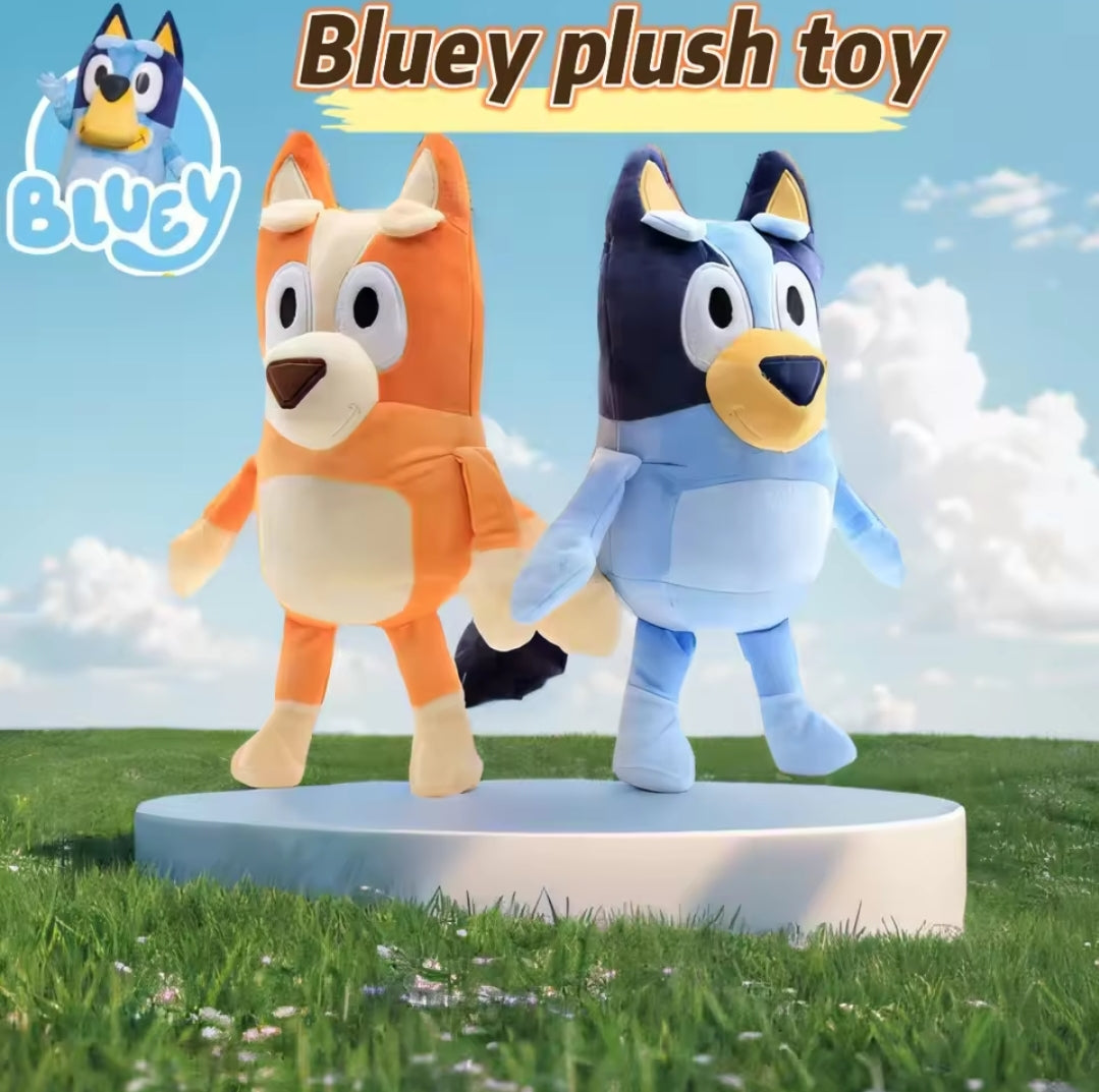 Bluey plush toy featuring soft, cuddly fabric and detailed embroidery, designed to resemble the beloved Blue Heeler character from the popular children's show, suitable for children aged 3 and up