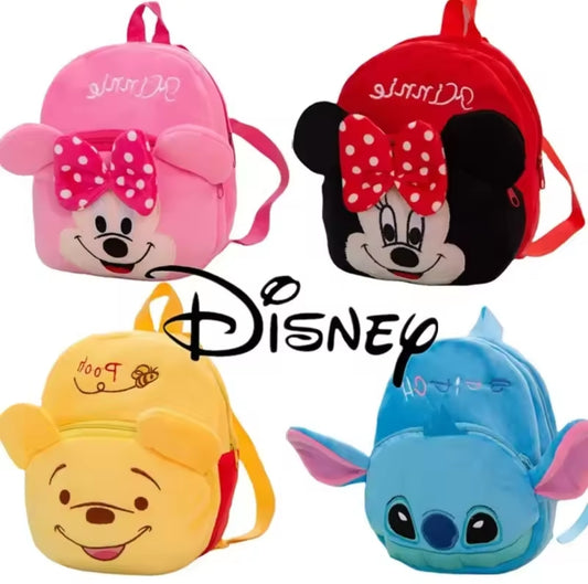 Colorful Disney-themed backpacks featuring characters like Mickey Mouse, Minnie Mouse, and other beloved Disney characters, designed for kids.